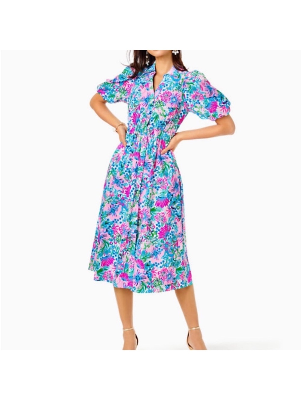 Lilly Pulitzer Tassie Button Down Puff Sleeve Floral Midi Dress Size 12